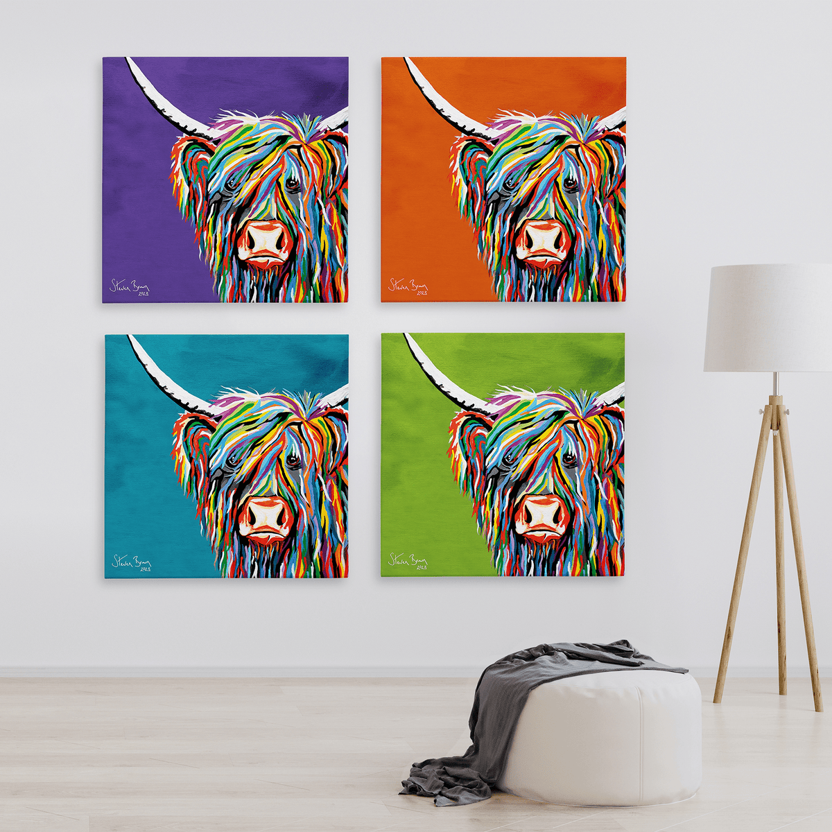 Rainbow Rab McCoo Colourful Highland Cow Canvas | Steven Brown Art