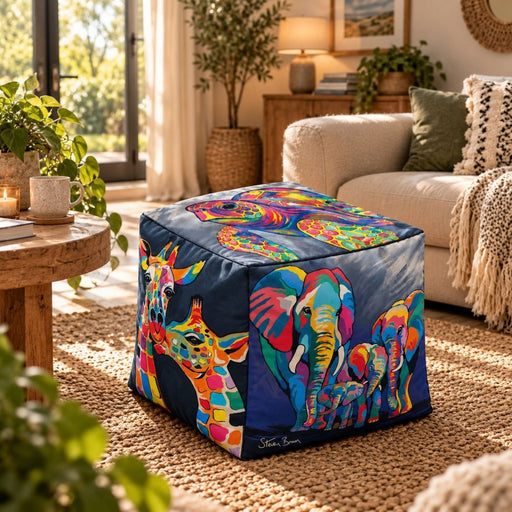 A square floor pouf ottoman with a colorful pop-art animal print featuring giraffes and elephants on a dark navy background, styled in a cozy living room setting.