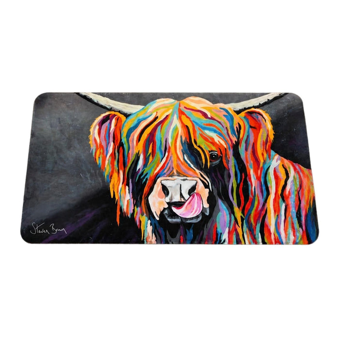 A rectangular mat featuring a colorful, stylized painting of a Highland cow on a dark background, shown against a plain white studio backdrop.